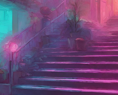 Una escalera iluminada con colores pastel neon